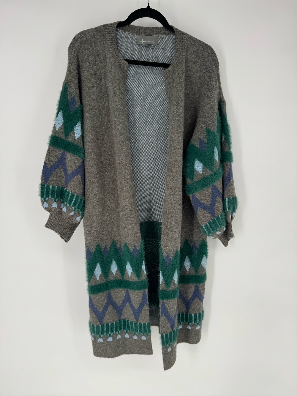 Anthropologie Taupe Open-Front Cardigan duster w/ Green and Blue Geometric Trim